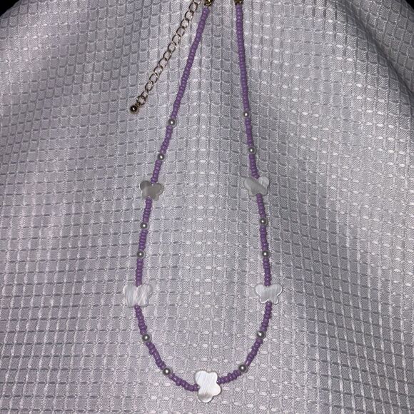 Urban Outfitters Sequoia Beaded Butterfly Purple & White Necklace NWT - Picture 3 of 9